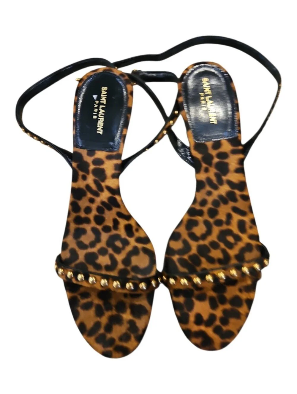Saint Laurent SZ 8.5 Brown Calf Hair Studded 2.5" Kitten Heel Ankle Strap Sandal - Picture 2 of 11
